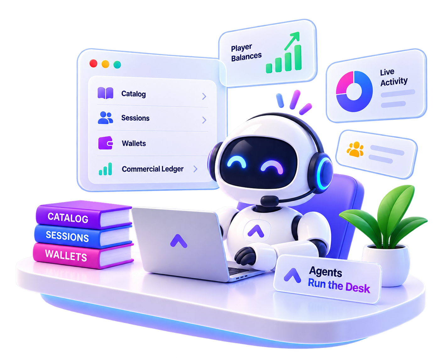 GameXora desk with catalog, sessions, wallets, and the commercial ledger