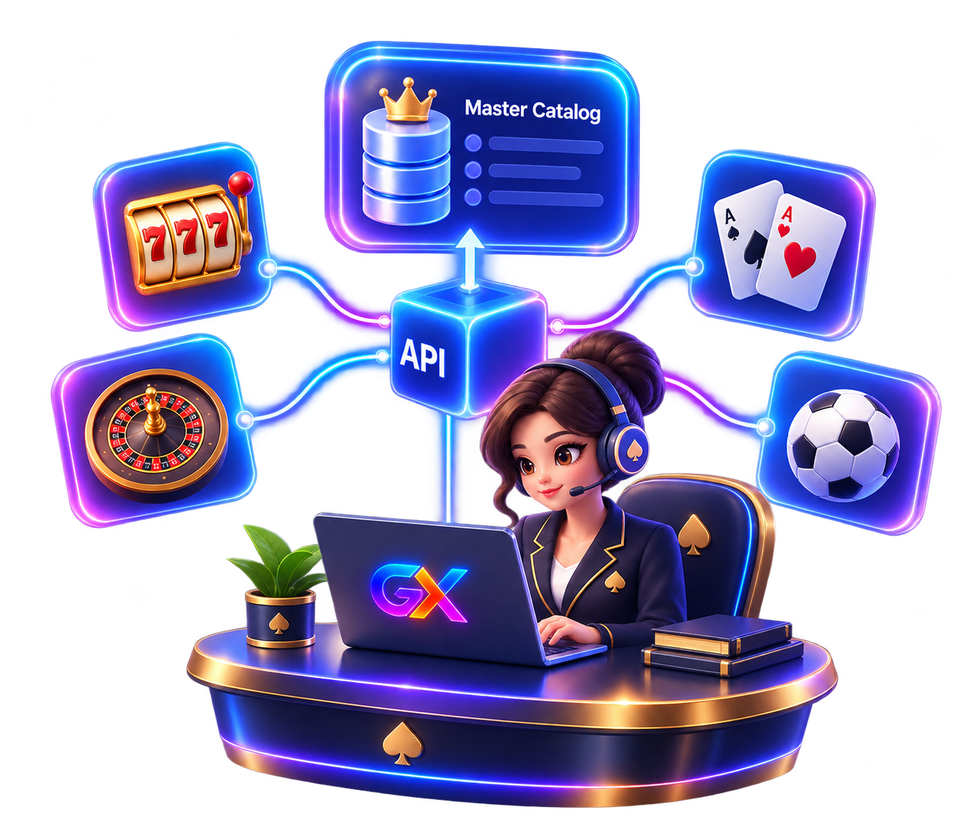GameXora desk with catalog, sessions, wallets, and the commercial ledger